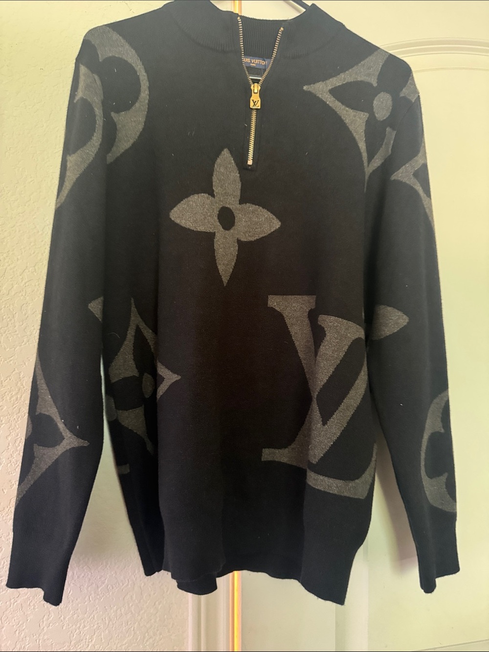 Louis Vuitton Black & Gray Logo Half-Zip Sweater